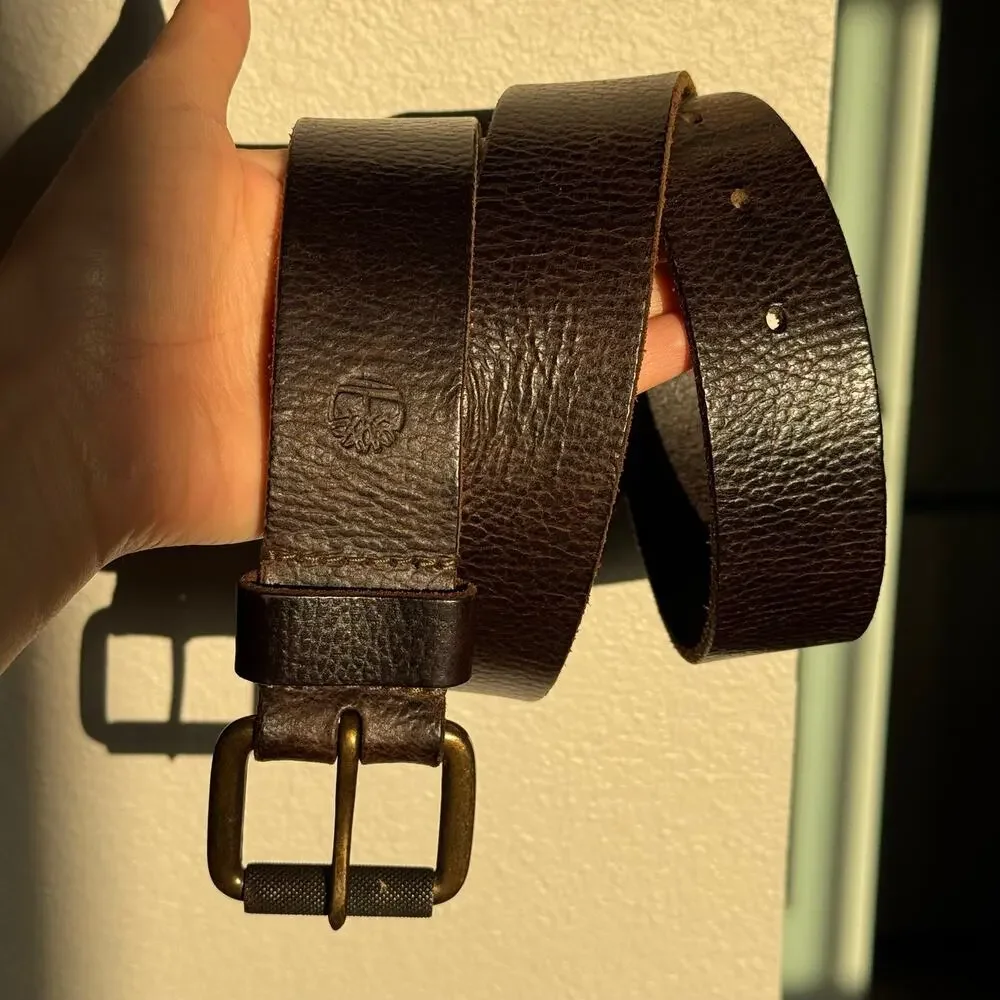 Timberland Genuine Leather Brown Belt Antique Brass Buckle Men’s Size 38